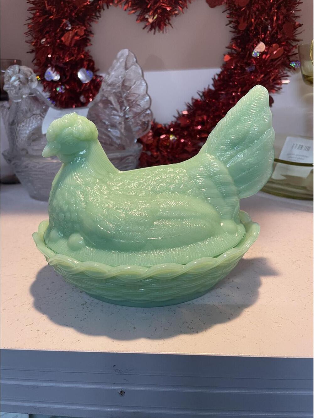 Mosser Glass Jadeite Hen on Nest 7 Inch Covered Candy Dish USA